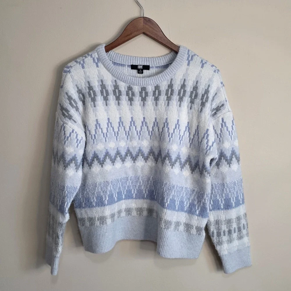 Frye Fair Isle Sweater Womens Medium Blue Geometric Super Soft Casual Transition